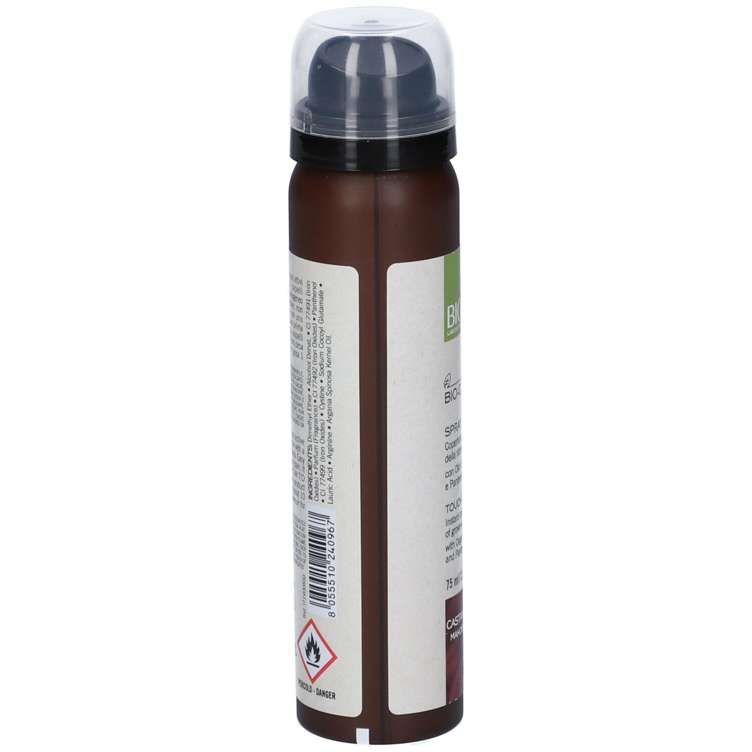 Bioclin Bio-colorist Spray Ritocco. Flacone spray marrone, vista laterale. Etichetta con testo, ingredienti e avvertenze.