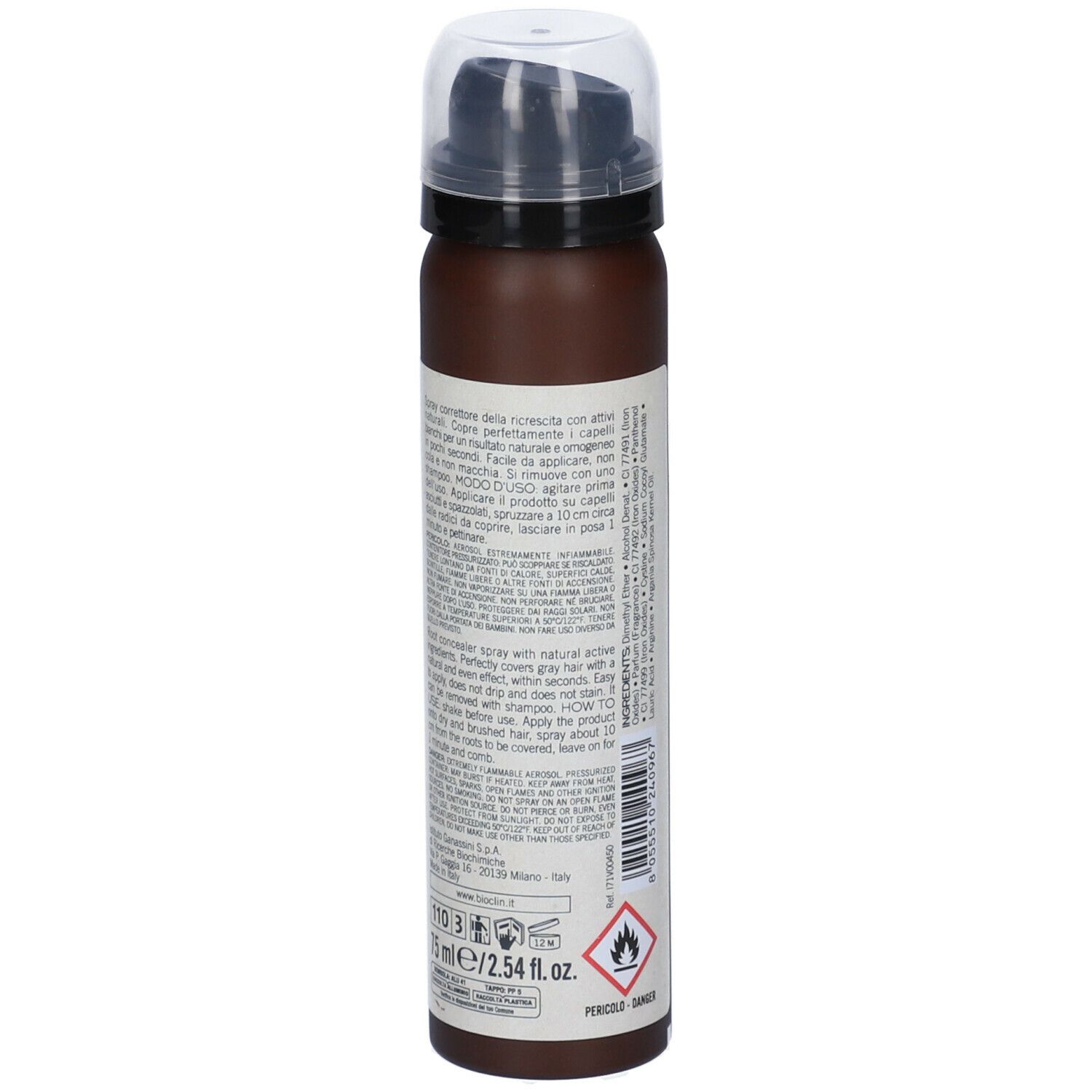 Bioclin Bio-colorist Spray Ritocco. Flacone spray marrone, vista laterale. Etichetta con testo, ingredienti e avvertenze.