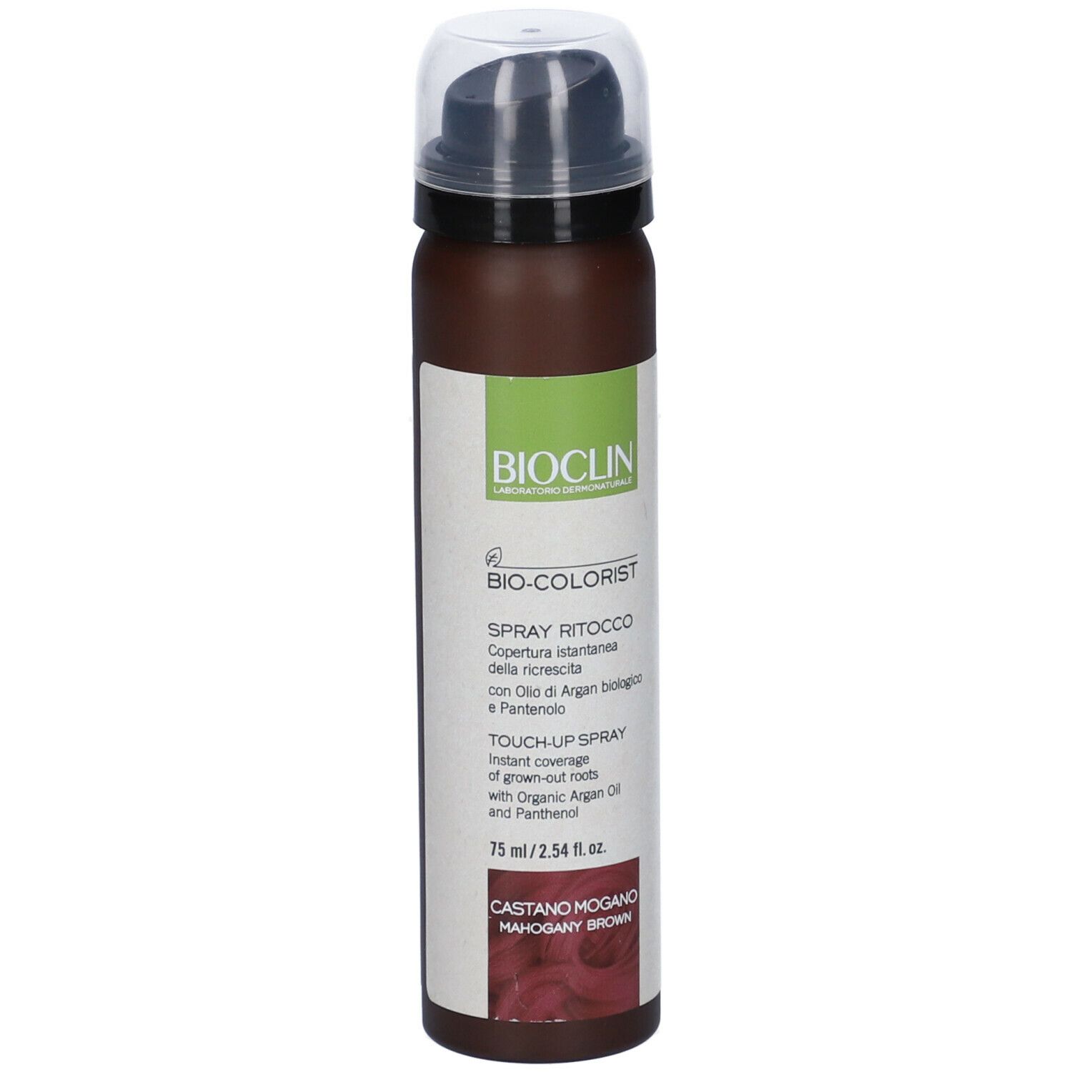 Bioclin Bio-colorist Spray Ritocco. Flacone spray marrone con tappo nero. Etichetta con testo e logo.