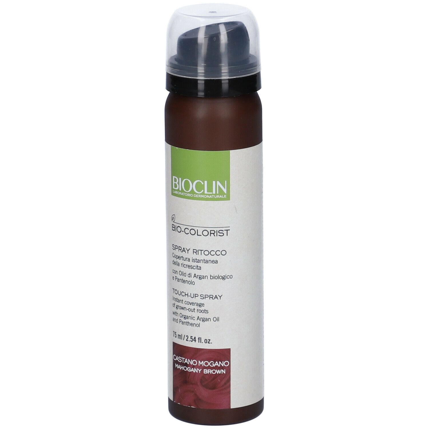 Bioclin Bio-colorist Spray Ritocco. Flacone spray marrone con tappo nero. Etichetta con testo e logo.