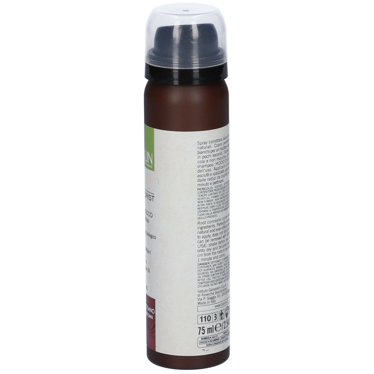 Bioclin Bio-colorist Spray Ritocco. Flacone spray marrone, vista laterale. Etichetta con testo, ingredienti e avvertenze.