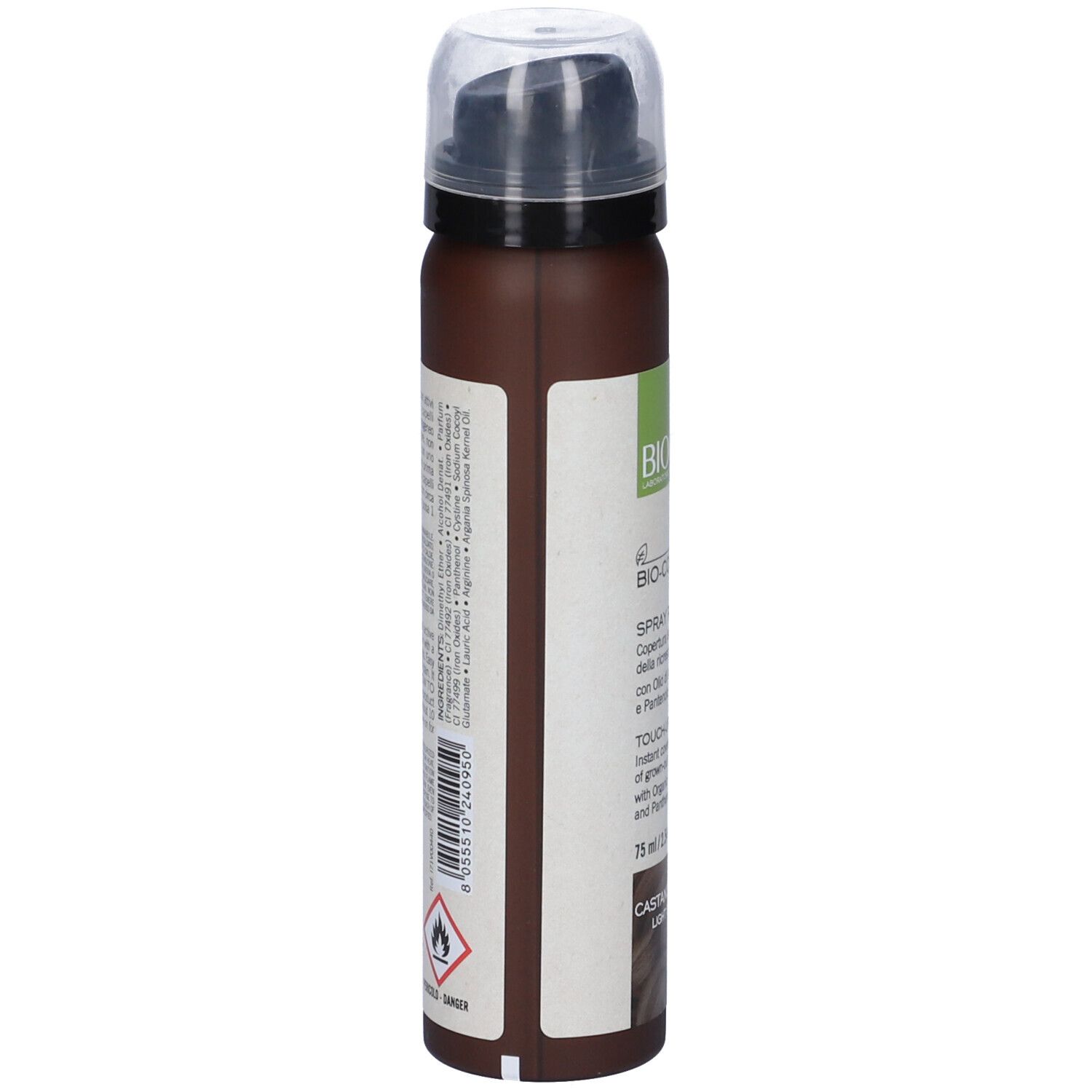 BIO-COLORIST Spray Ritocco, braune Sprühflasche. Etikett mit Text und Warnhinweisen.
