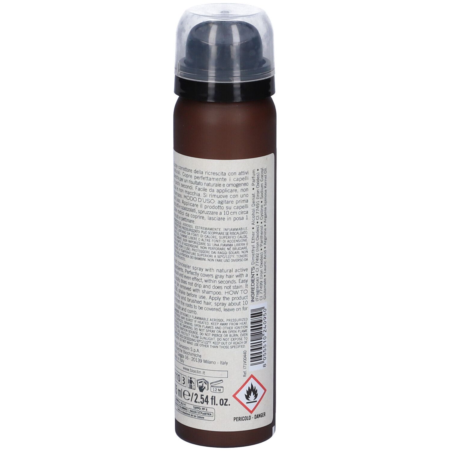 BIO-COLORIST Spray Ritocco, braune Sprühflasche. Etikett mit Text und Warnhinweisen.