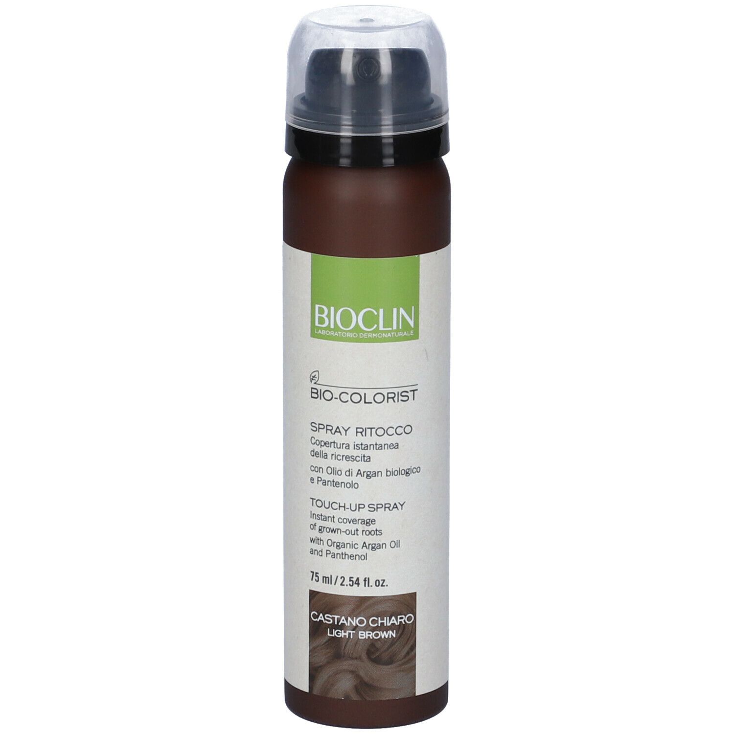 BIO-COLORIST Spray Ritocco, braune Sprühflasche. Mit Deckel. Text: Castano Chiaro, Light Brown.