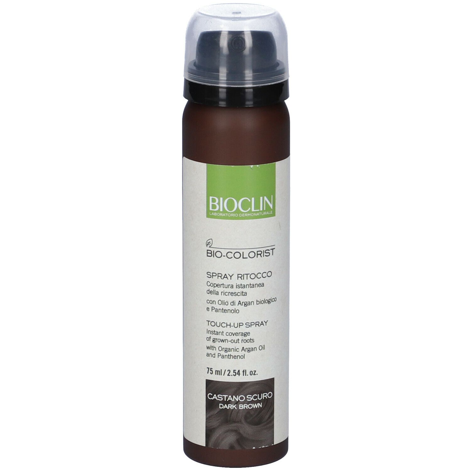 BIO-COLORIST Spray Ritocco, dunkelbraun. Sprühflasche mit schwarzem Sprühkopf. Produktname und Farbe deutlich sichtbar.