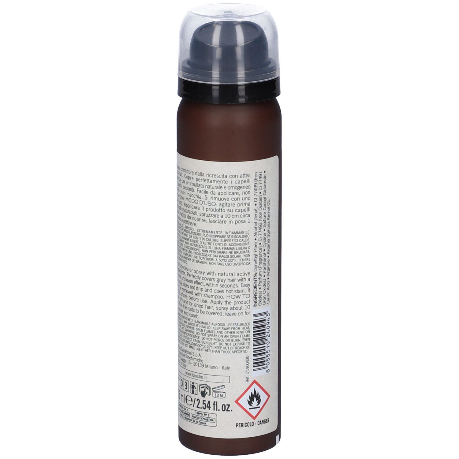 BIO-COLORIST Spray Ritocco, dunkelbraun. Rückansicht der Sprühflasche. Text und Warnhinweise auf Etikett.