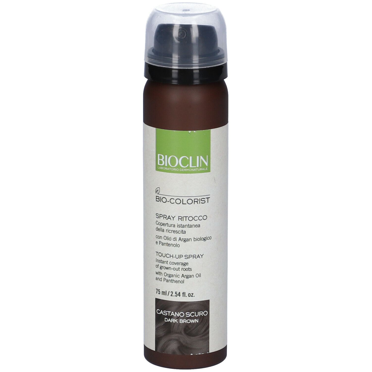 BIO-COLORIST Spray Ritocco, dunkelbraun. Sprühflasche mit schwarzem Sprühkopf. Produktname und Farbe deutlich sichtbar.