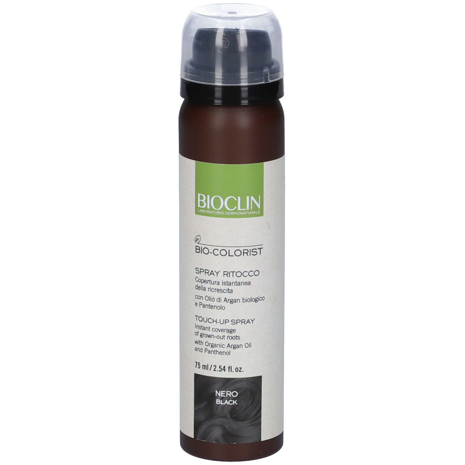 BIO-COLORIST Spray Ritocco Nero. Flacone spray marrone con tappo nero. Etichetta con testo e logo.
