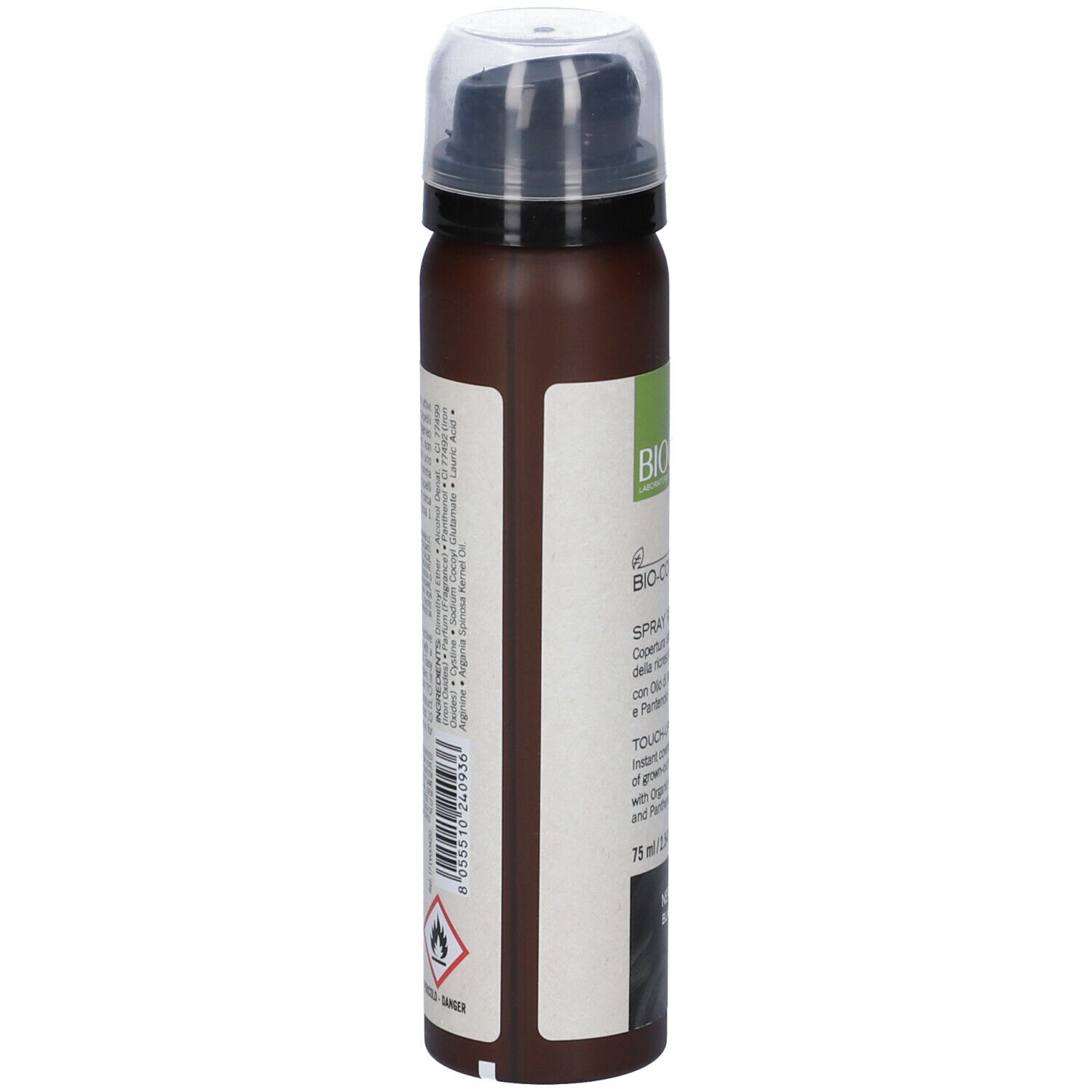 BIO-COLORIST Spray Ritocco Nero. Flacone spray marrone, vista laterale. Etichetta con testo, logo e avvertenze.