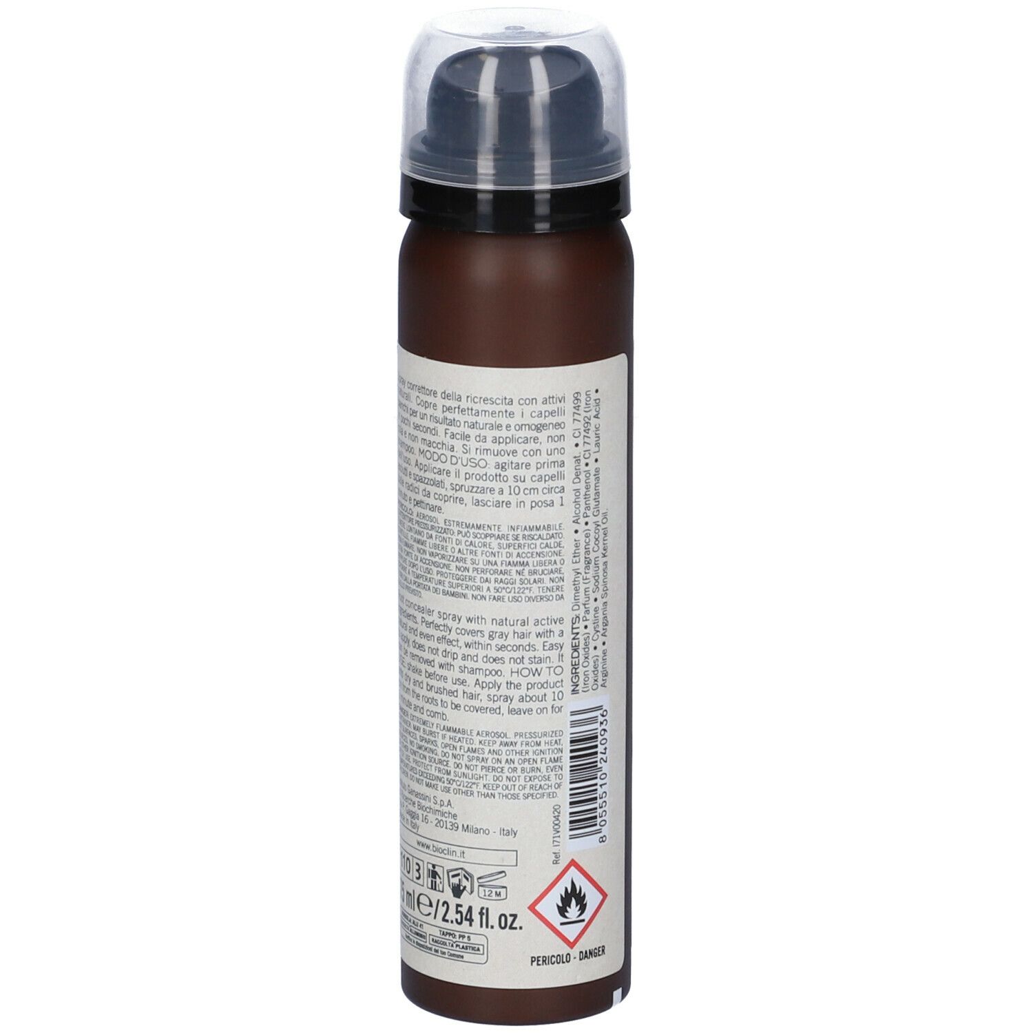 BIO-COLORIST Spray Ritocco Nero. Flacone spray marrone, vista posteriore. Etichetta con testo, logo e avvertenze.