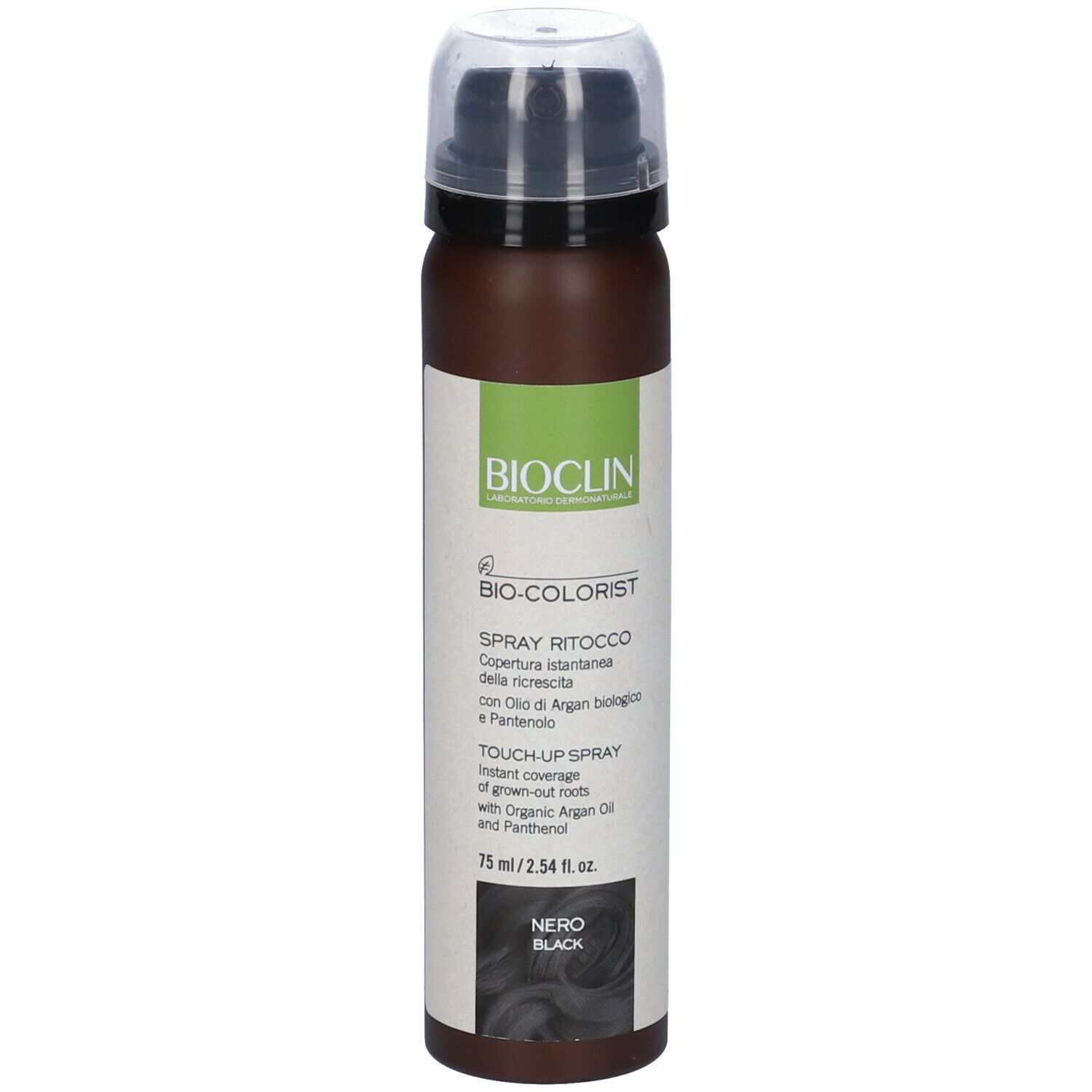 BIO-COLORIST Spray Ritocco Nero. Flacone spray marrone con tappo nero. Etichetta con testo e logo.