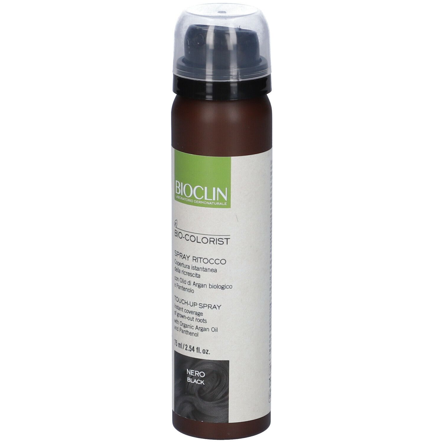 BIO-COLORIST Spray Ritocco Nero. Flacone spray marrone con tappo nero. Etichetta con testo e logo.