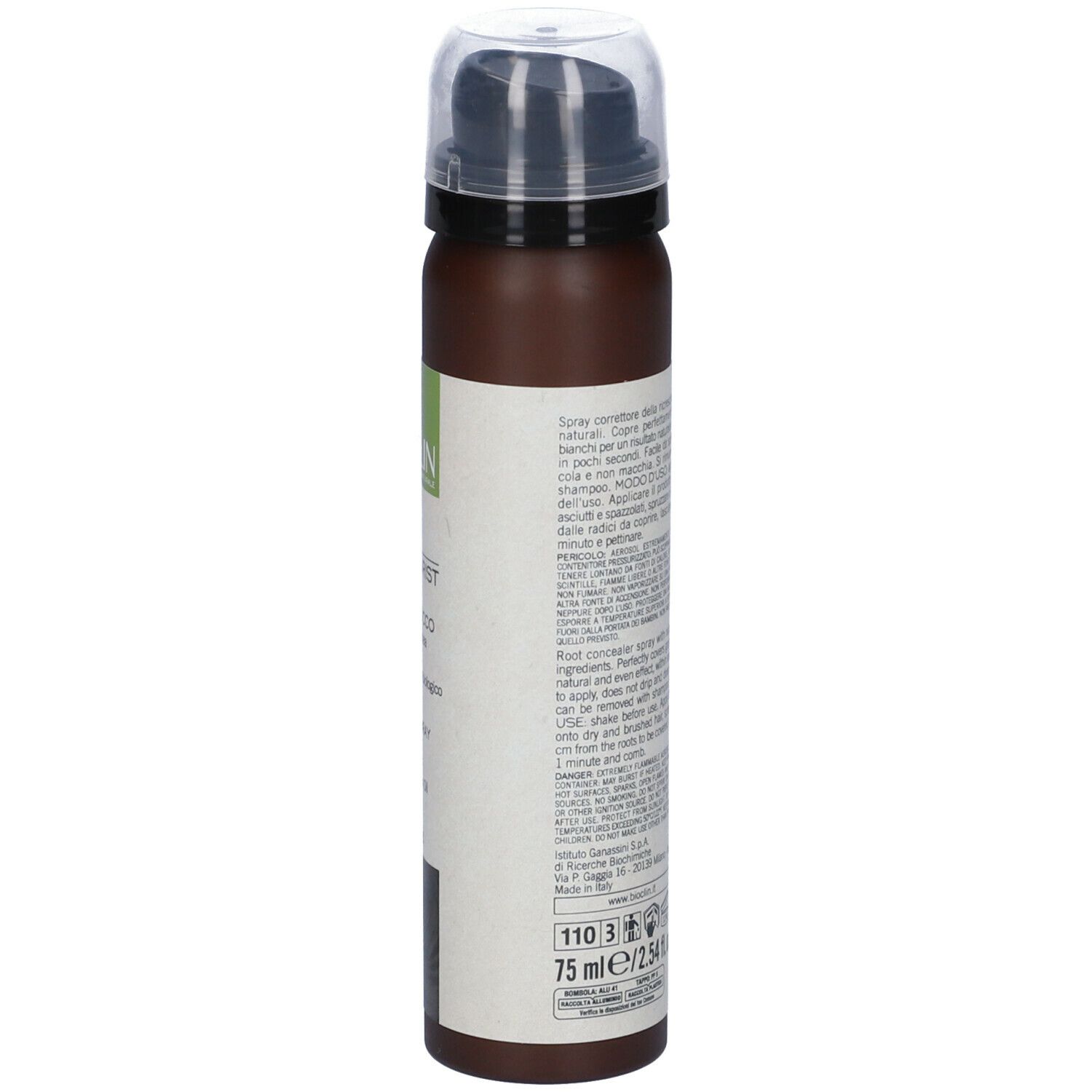 BIO-COLORIST Spray Ritocco Nero. Flacone spray marrone, vista laterale. Etichetta con testo, logo e avvertenze.