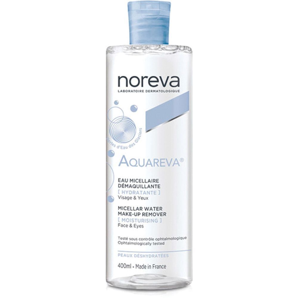Flacone trasparente Noreva Aquareva, tappo blu. Scritta: Aquareva, Eau Micellaire Demaquillante, Visage & Yeux.