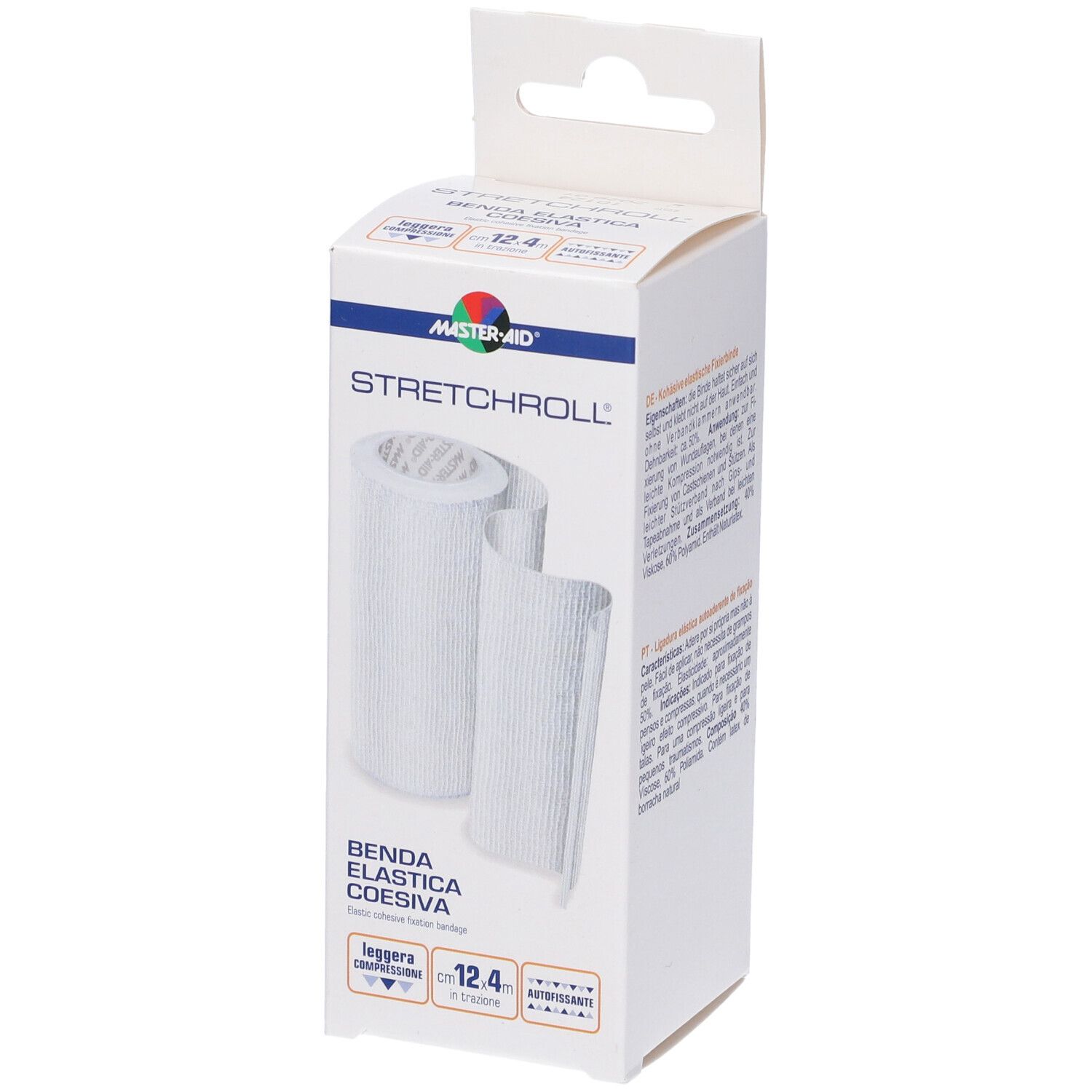 Confezione di benda bianca. Scritta: MASTER-AID STRETCHROLL. Benda elastica coesiva. 12,4 m.