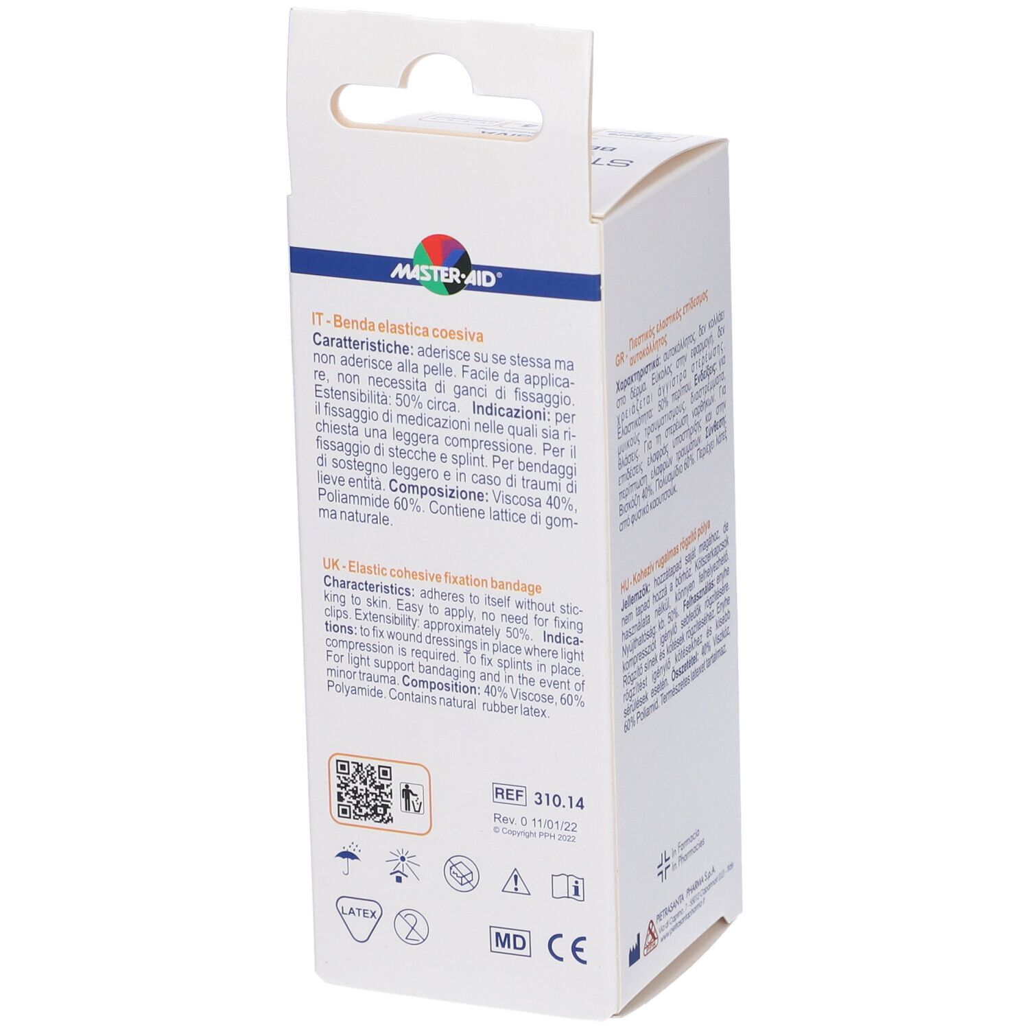 Confezione della benda. Testo multilingue. Logo MASTER-AID. Benda elastica coesiva. Marchio CE.