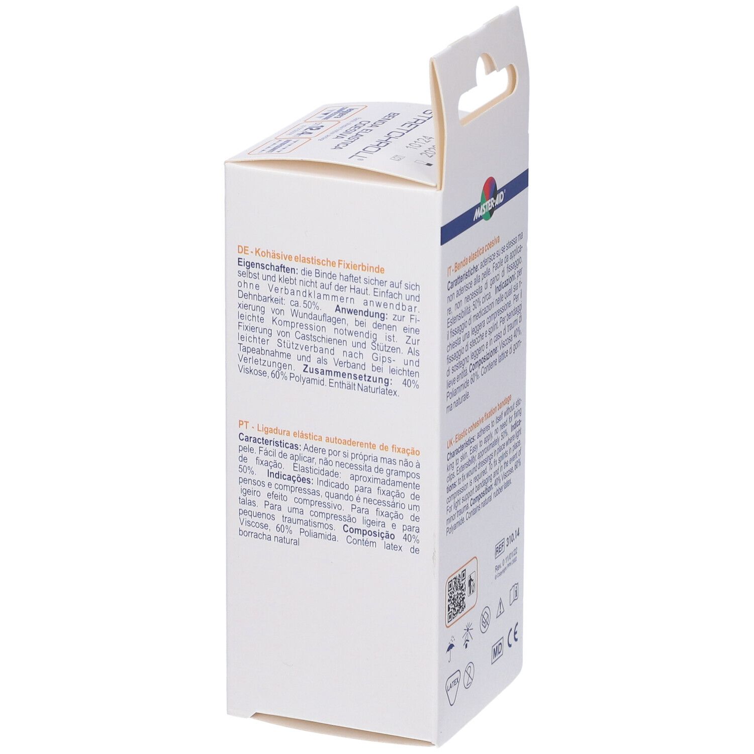 Confezione della benda. Testo multilingue. Logo MASTER-AID. Benda elastica coesiva.