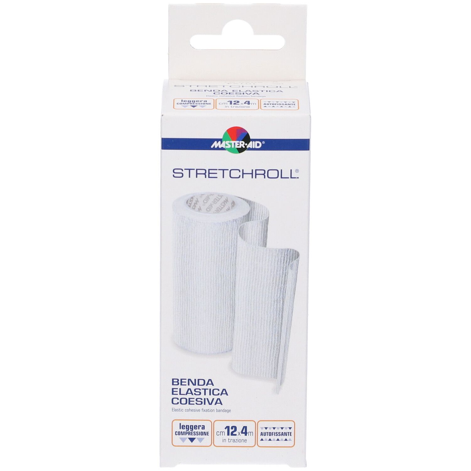 Confezione di benda bianca. Scritta: MASTER-AID STRETCHROLL. Benda elastica coesiva. 12,4 m.