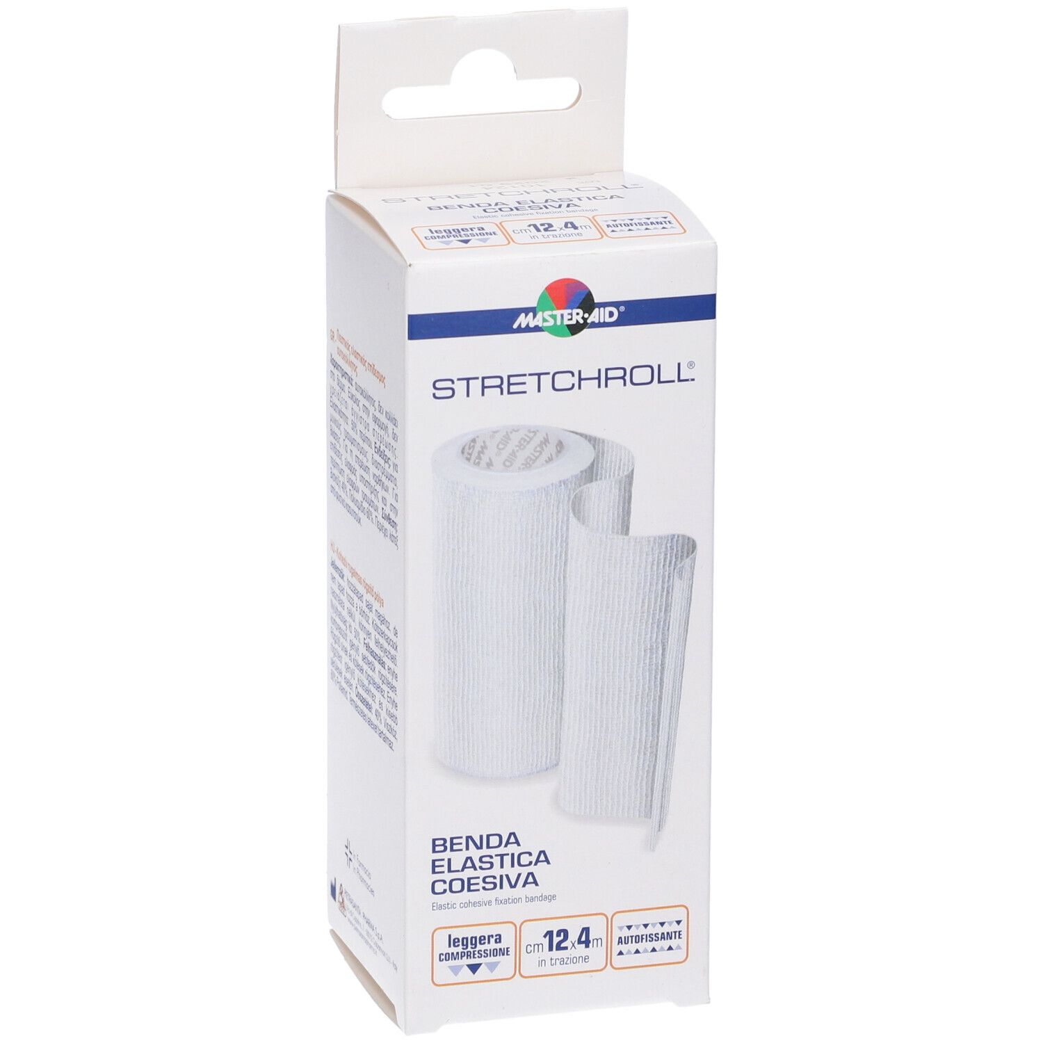 Confezione di benda bianca. Scritta: MASTER-AID STRETCHROLL. Benda elastica coesiva. 12,4 m.
