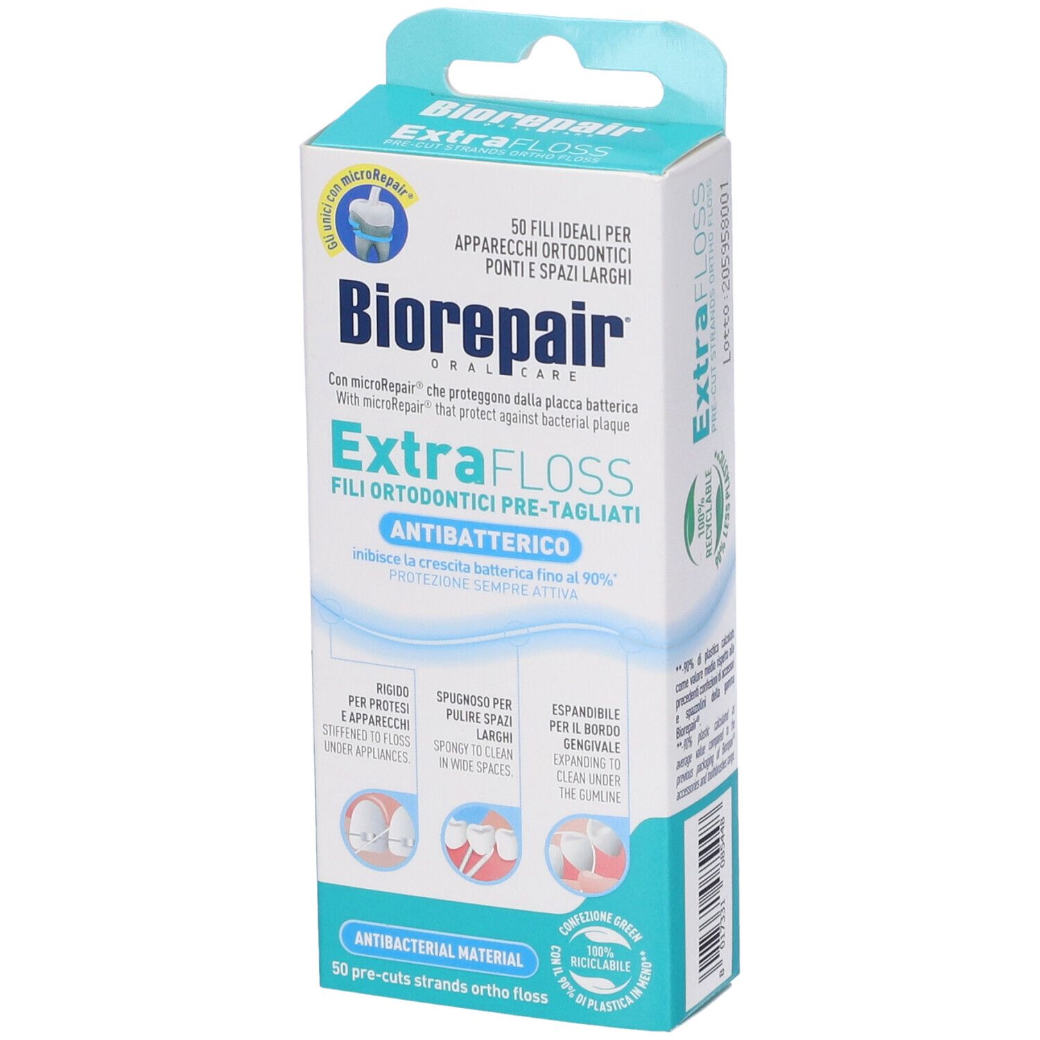 Verpackung von Biorepair Extrafloss. Enthält 50 vorgefertigte Zahnseidenfäden. Antibakterielles Material. 100% recycelbar.