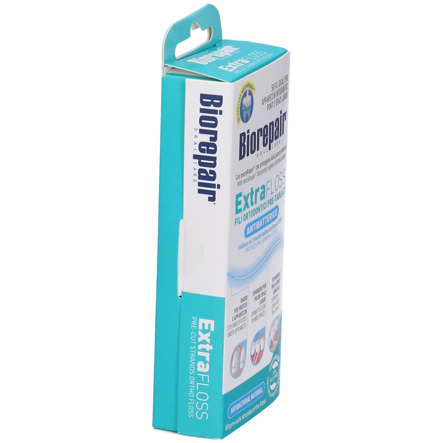 Seitenansicht der Biorepair Extrafloss-Verpackung. Text: Extrafloss, antibakteriell. Mit Aufhängevorrichtung.