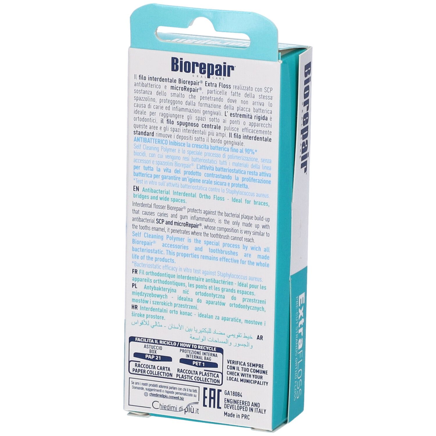 Rückseite der Biorepair Extrafloss-Verpackung. Text in mehreren Sprachen. Informationen zur Zusammensetzung und zum Recycling.