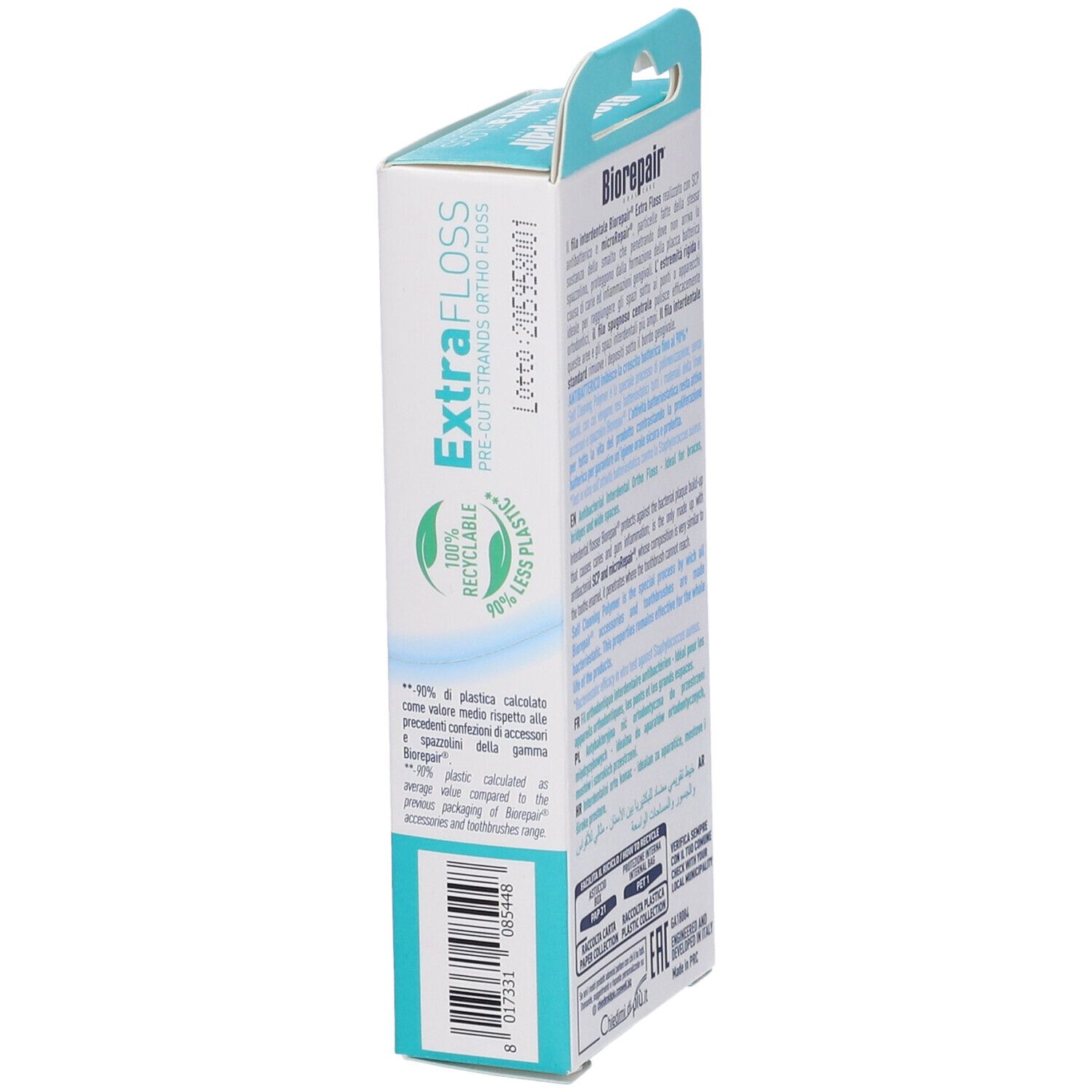 Seitenansicht der Biorepair Extrafloss-Verpackung. Text: Extrafloss, 100% recycelbar. Losnummer und Barcode.