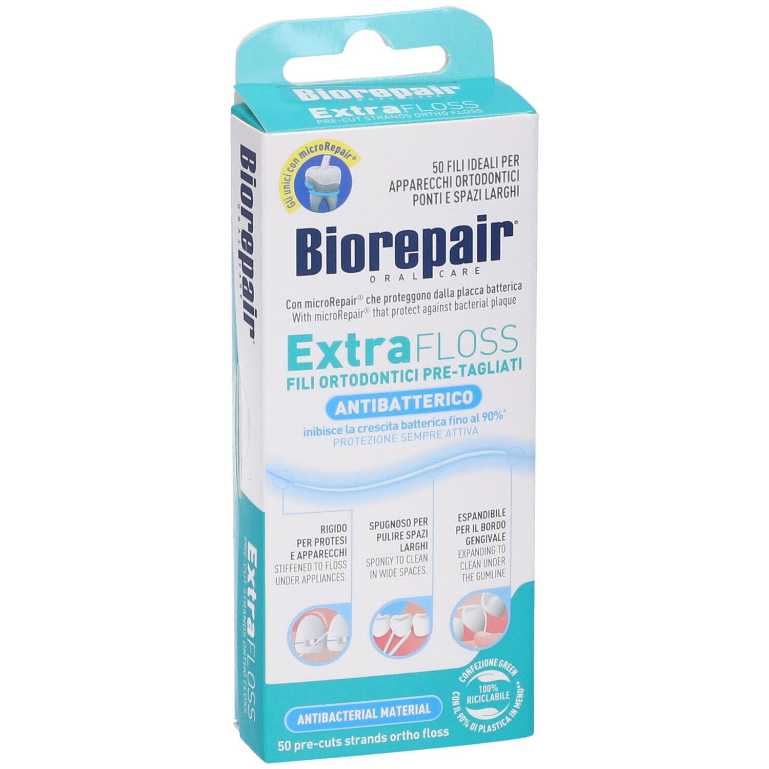 Biorepair Extrafloss-Verpackung. Enthält 50 vorgefertigte Zahnseidenfäden. Antibakterielles Material. 100% recycelbar.