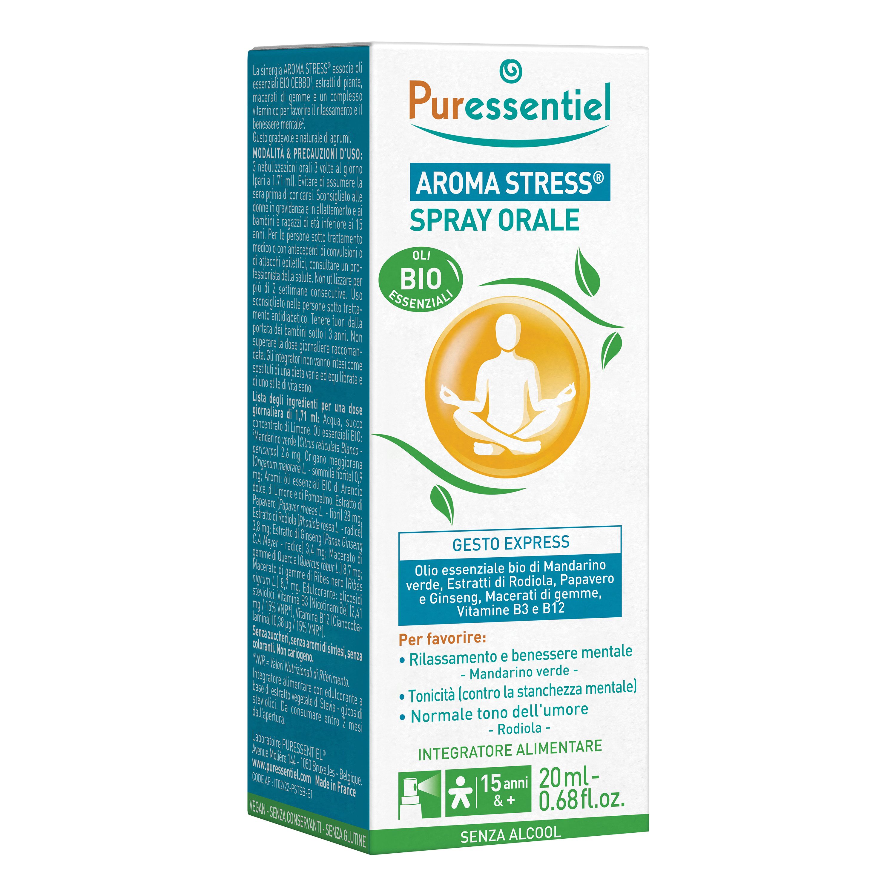 Scatola con stampa del prodotto. Testo: Puressentiel Aroma Stress Spray Orale. Certificazione Bio. 20ml.
