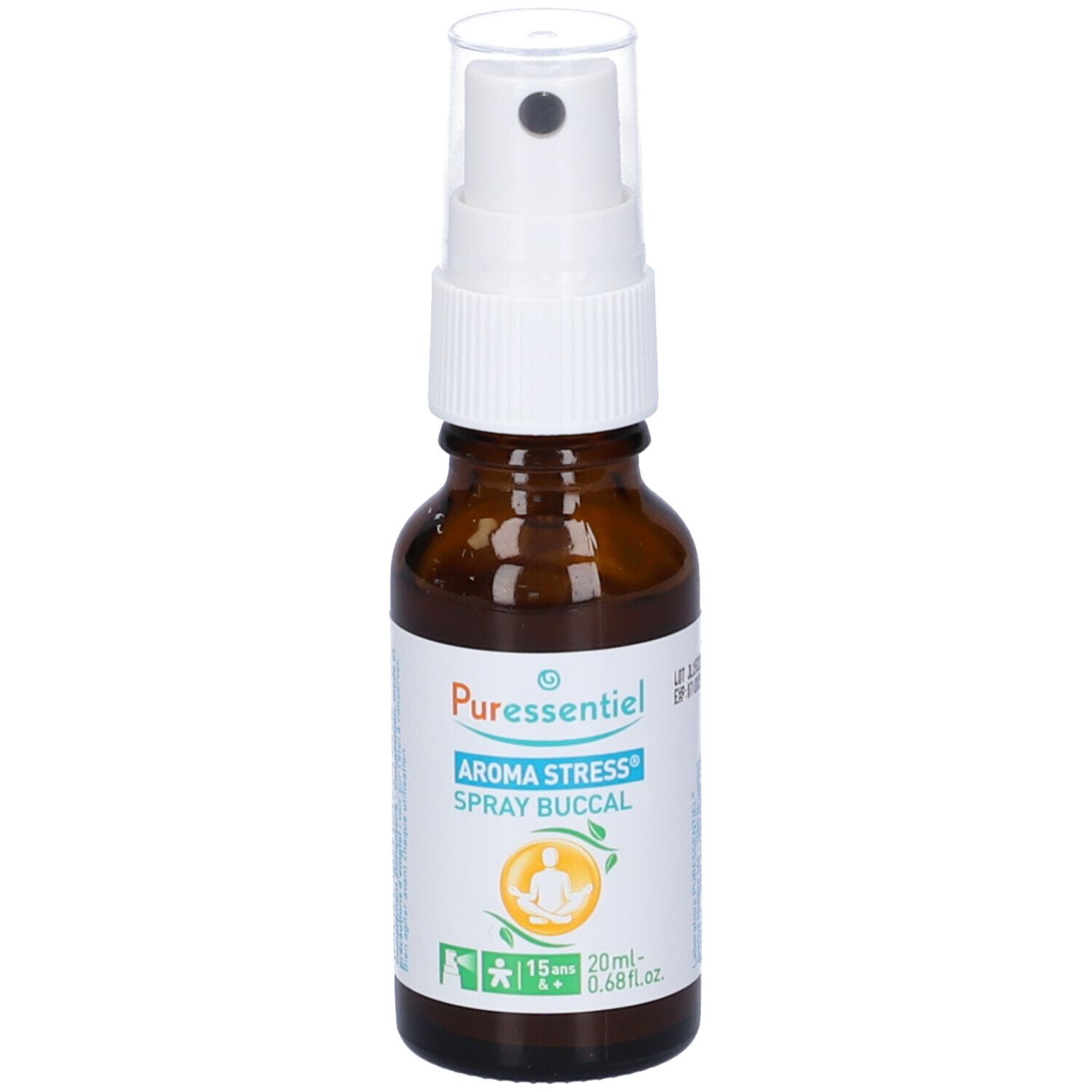 Flacone di vetro marrone con vaporizzatore. Stampa: Aroma Stress Spray Buccal. 20ml. Vaporizzatore bianco.