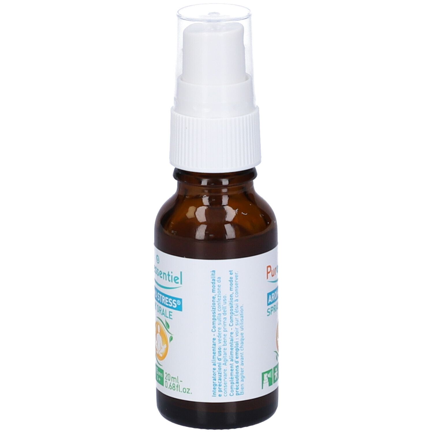 Flacone di vetro marrone con vaporizzatore. Stampa: Aroma Stress Spray Buccal. 20ml. Vaporizzatore bianco.
