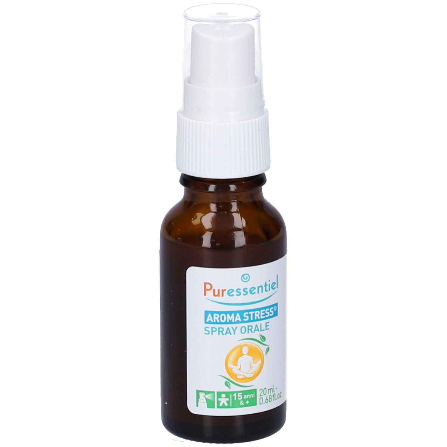 Flacone di vetro marrone con vaporizzatore. Stampa: Aroma Stress Spray Buccal. 20ml. Vaporizzatore bianco.
