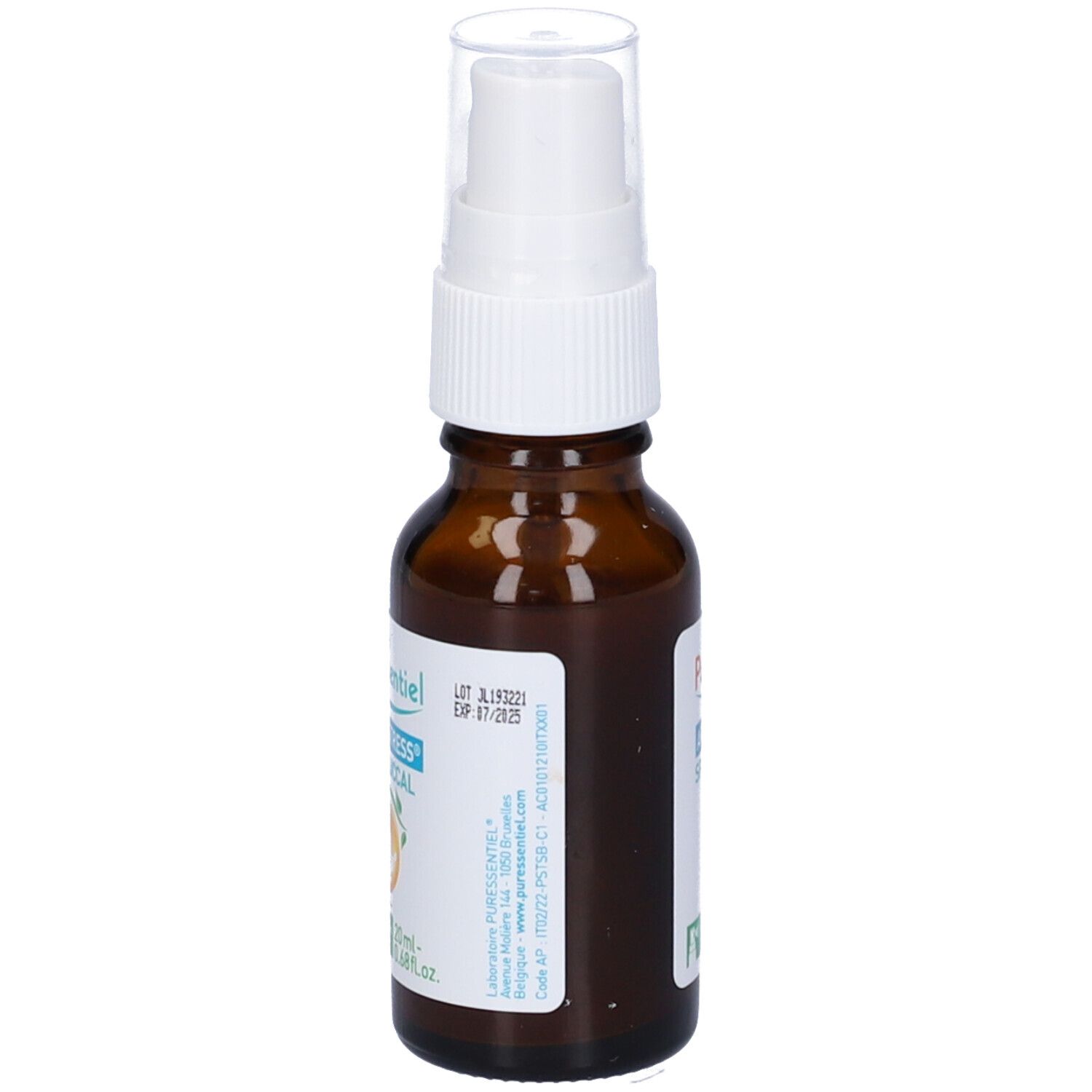 Flacone di vetro marrone con vaporizzatore. Stampa: Aroma Stress Spray Buccal. 20ml. Vaporizzatore bianco.