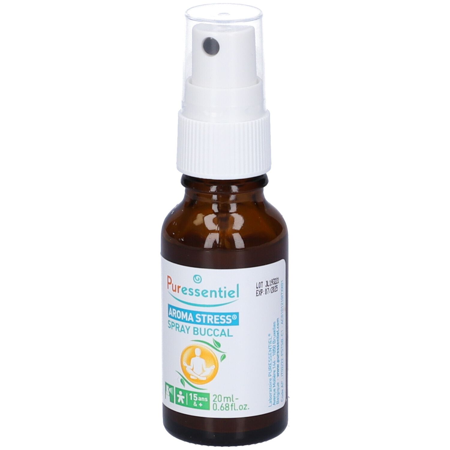 Flacone di vetro marrone con vaporizzatore. Stampa: Aroma Stress Spray Buccal. 20ml. Vaporizzatore bianco.