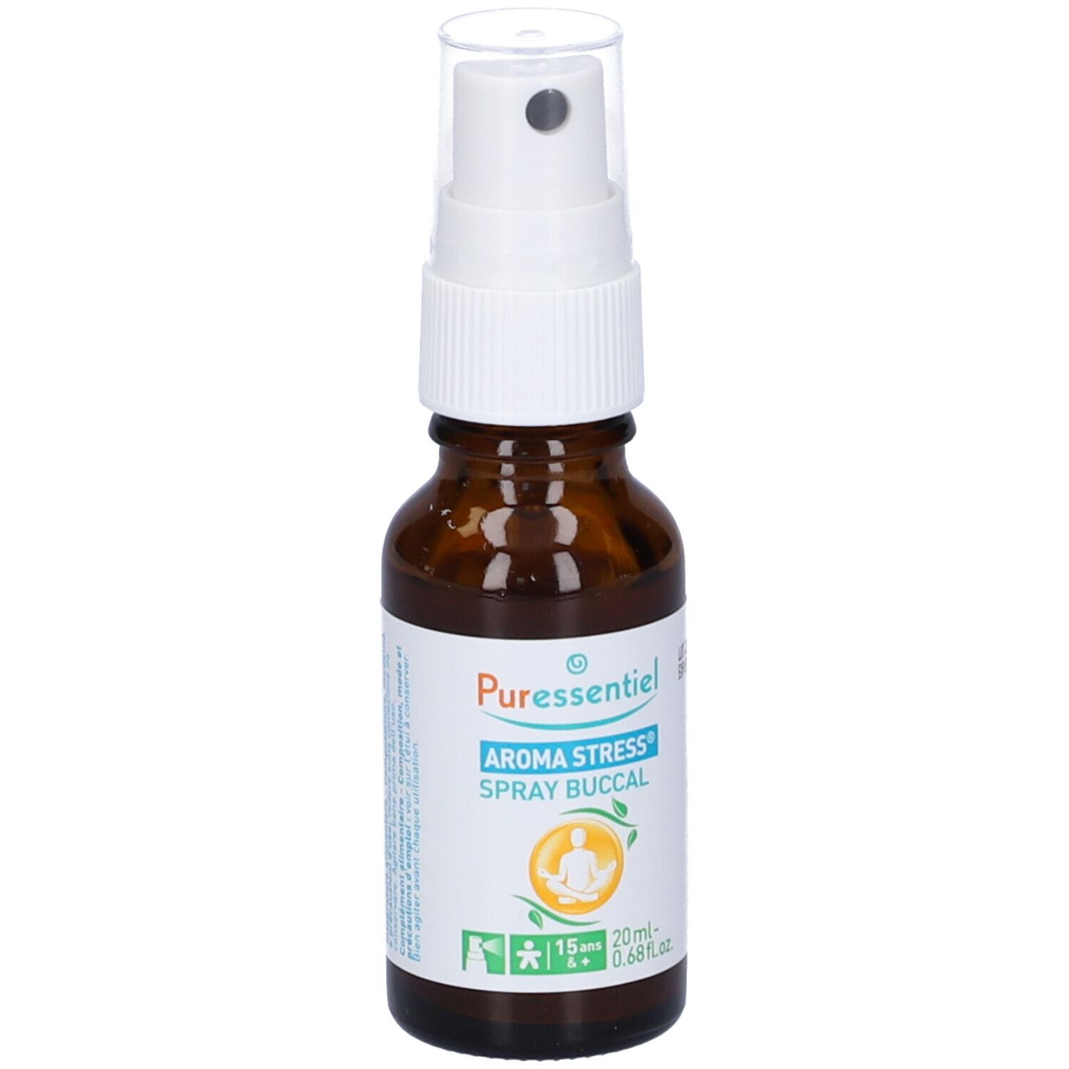 Flacone di vetro marrone con vaporizzatore. Stampa: Aroma Stress Spray Buccal. 20ml. Vaporizzatore bianco.