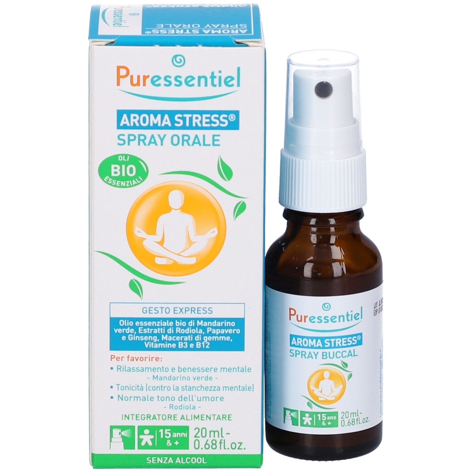 Confezione e flacone del prodotto. Stampa: Aroma Stress Spray Buccal. 20ml. Vaporizzatore bianco. Certificazione Bio.