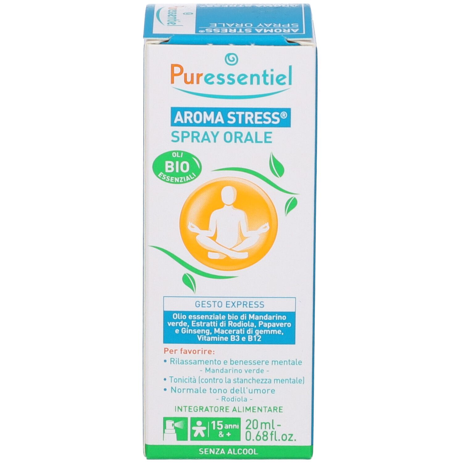Confezione del prodotto. Stampa: Aroma Stress Spray Orale. Certificazione Bio. 20ml. Testo.