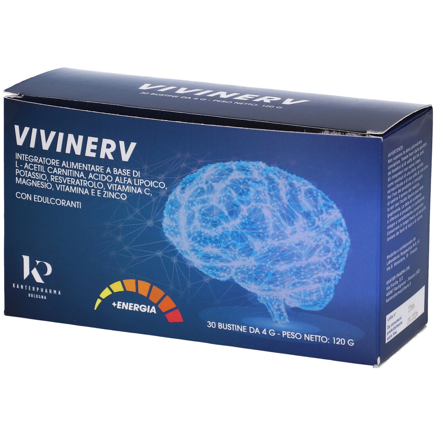 Scatola blu-bianca con logo 'VIVINERV' e dettagli. 30 bustine, 120g. Logo Kantenpharma.