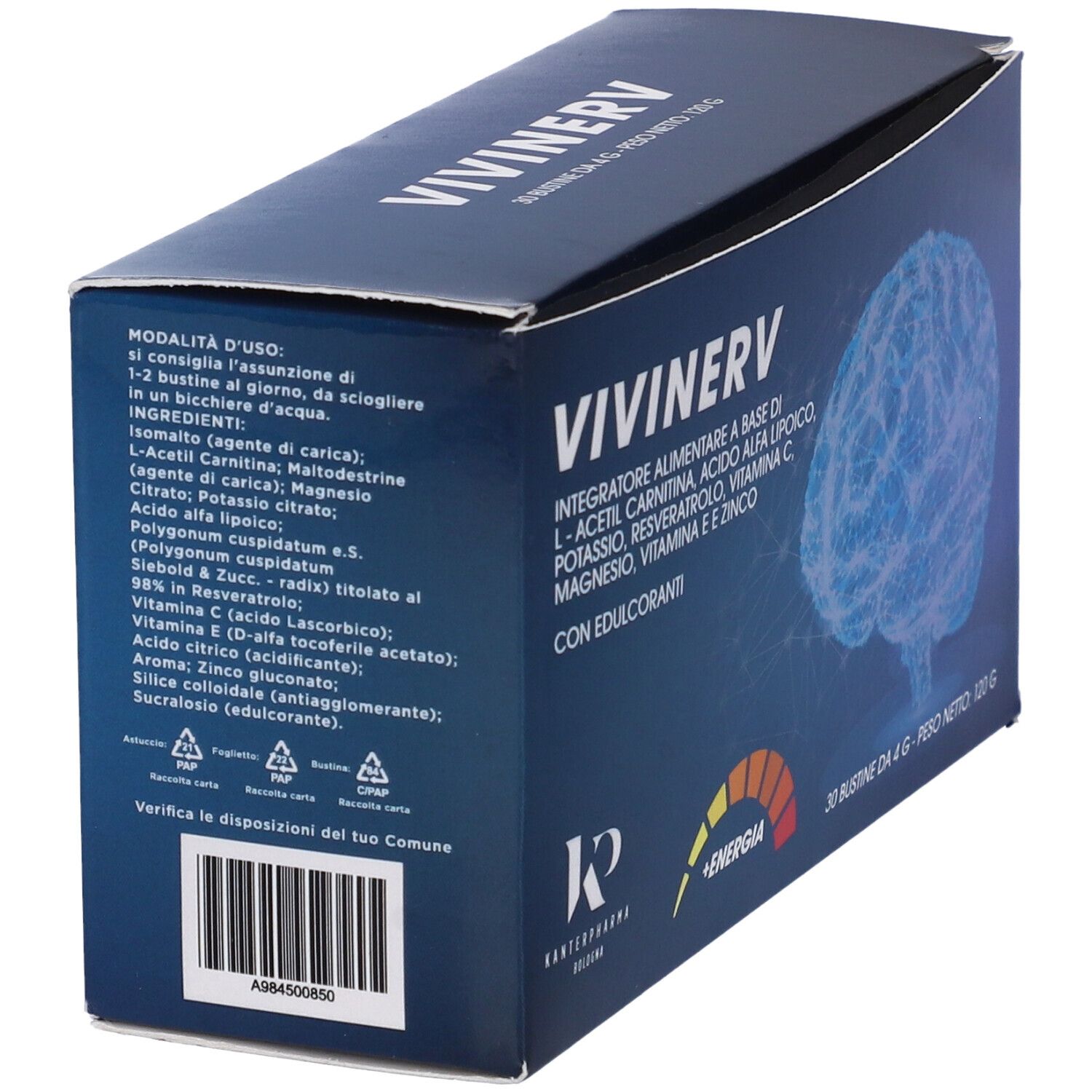 Scatola blu con logo 'VIVINERV' e dettagli. Ingredienti e istruzioni per l'uso.
