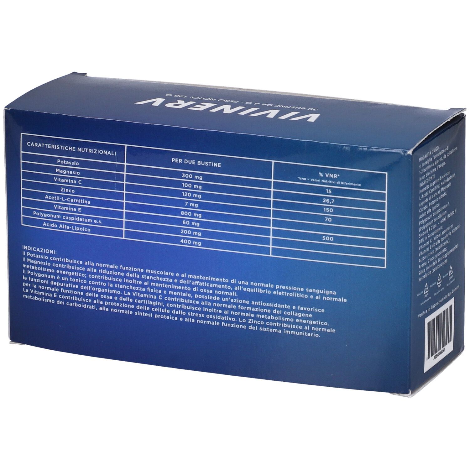 Scatola blu con logo 'VIVINERV'. Tabella nutrizionale con ingredienti e % VNR.