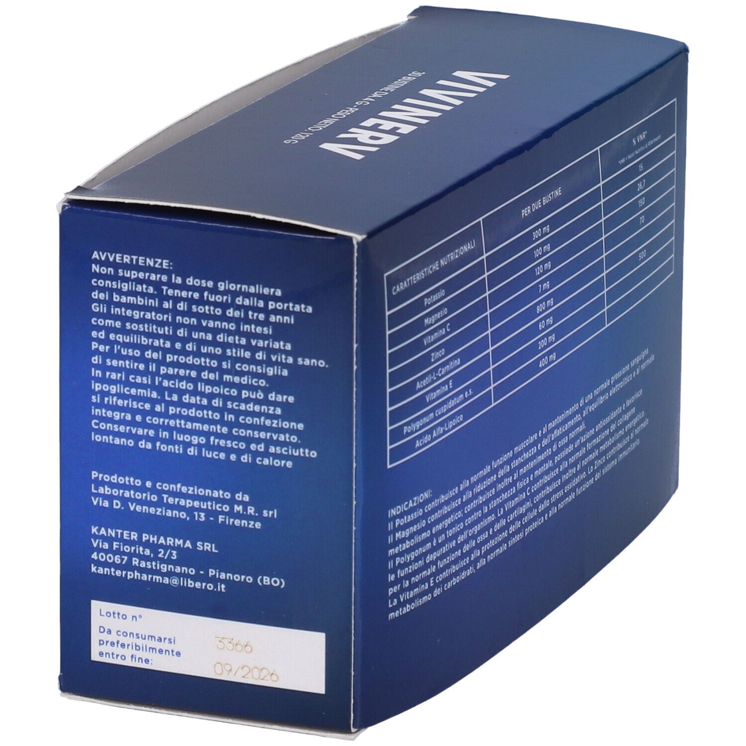 Scatola blu con logo 'VIVINERV'. Avvertenze e tabella nutrizionale.