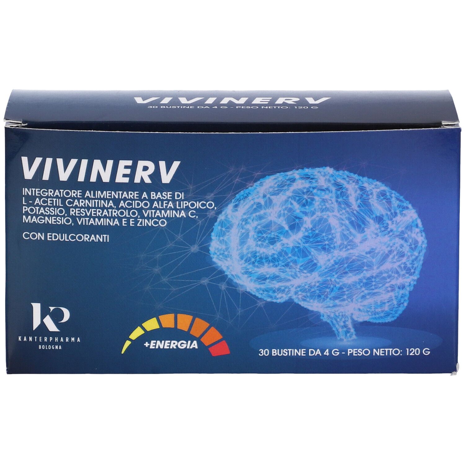 Scatola blu con logo 'VIVINERV'. 30 bustine, 120g. Logo Kantenpharma. Ingredienti.
