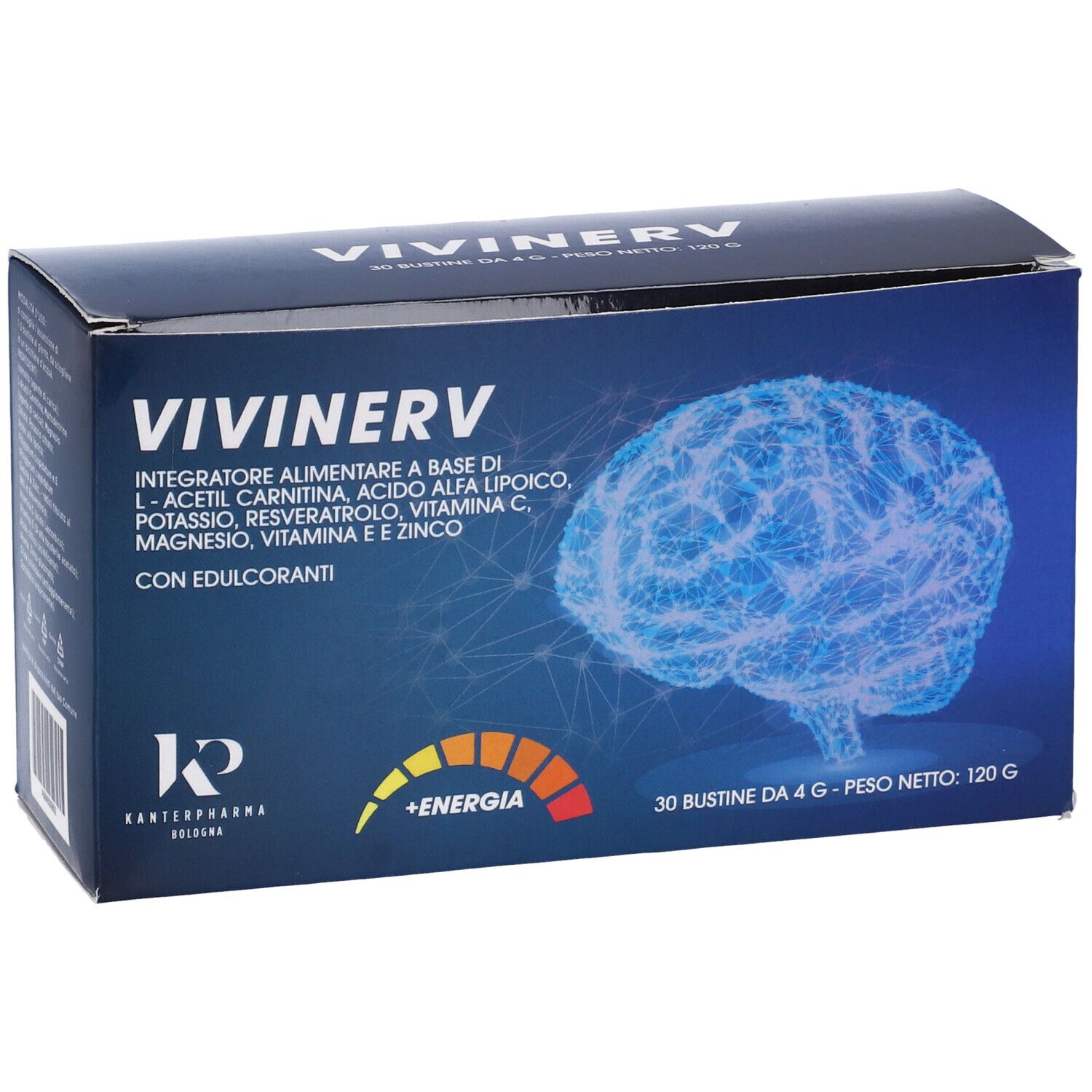 Scatola blu con logo 'VIVINERV'. 30 bustine, 120g. Logo Kantenpharma. Ingredienti.