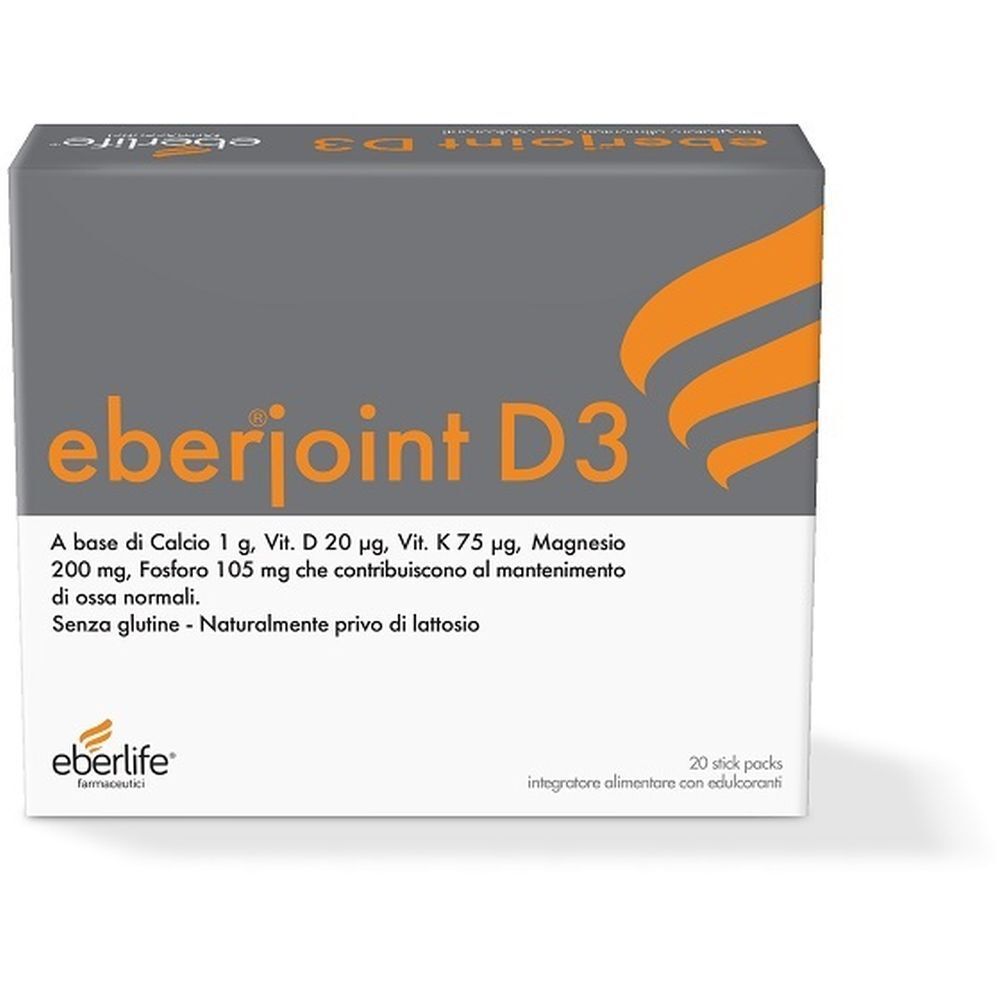 Scatola "eberjoint D3" con 20 stick. Scritta: A base di Calcio 1 g, Vit. D 20 µg, Vit. K 75 µg, Magnesio 200 mg, Fosforo 105 mg.