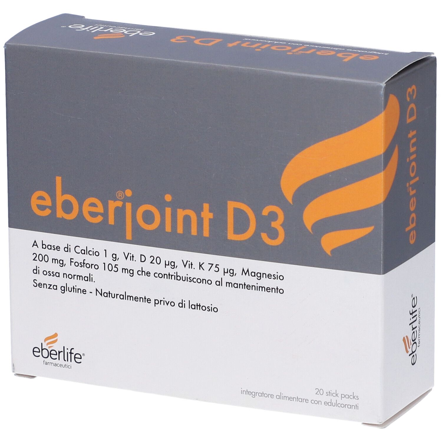 Scatola grigia "eberjoint D3" con 20 stick. Testo: A base di Calcio 1 g, Vit. D 20 µg, Vit. K 75 µg, Magnesio 200 mg, Fosforo 105 mg.