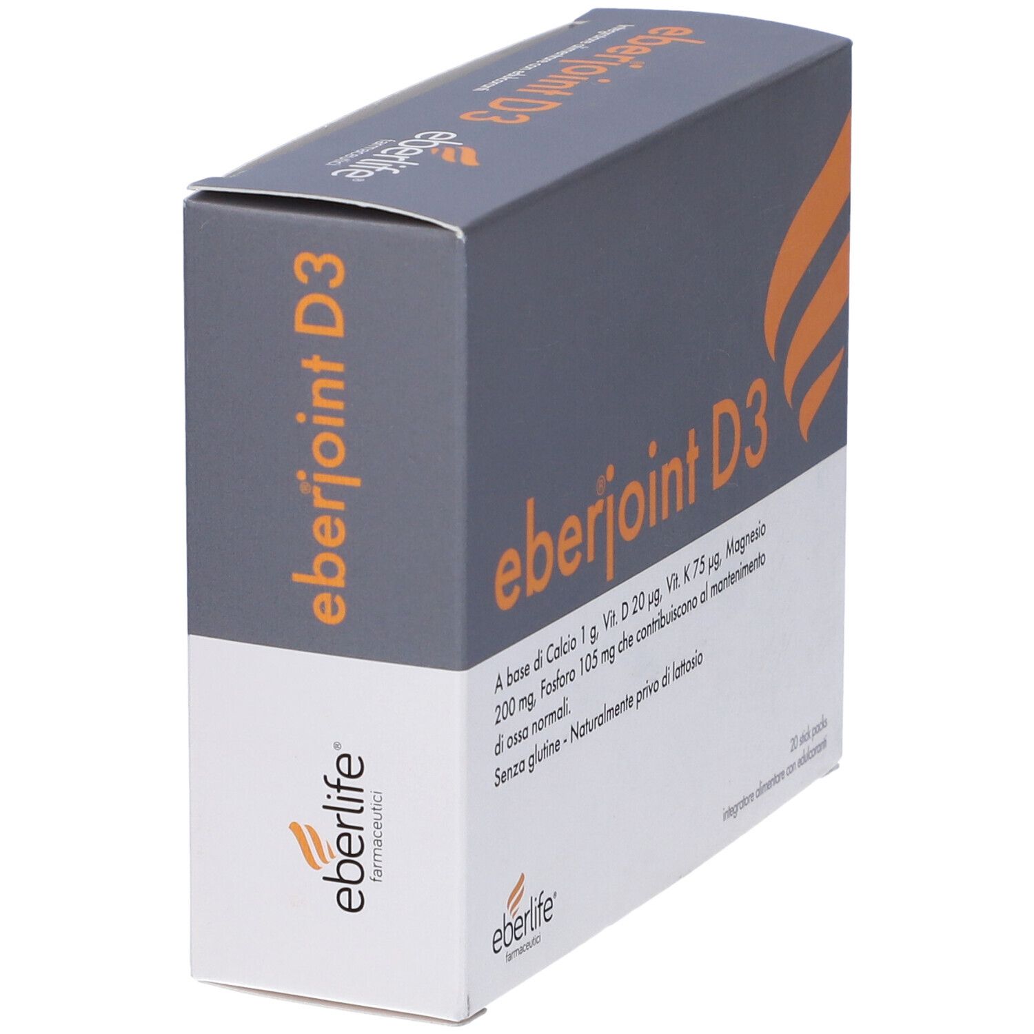 Scatola "eberjoint D3" in prospettiva. Contiene 20 stick. Testo: A base di Calcio 1 g, Vit. D 20 µg, Vit. K 75 µg, Magnesio 200 mg, Fosforo 105 mg.