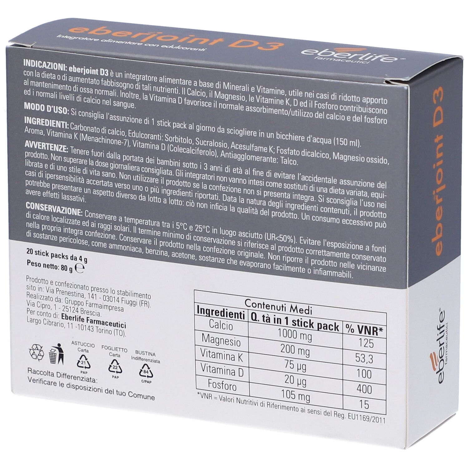 Retro della scatola "eberjoint D3". Testo con ingredienti e valori nutrizionali. Contiene 20 stick.