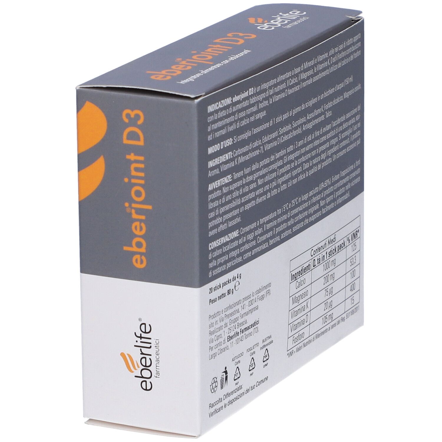 Scatola "eberjoint D3" in prospettiva. Retro con testo. Contiene 20 stick.