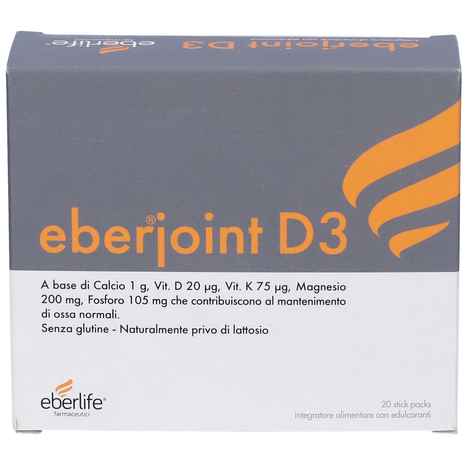 Scatola "eberjoint D3". Testo: A base di Calcio 1 g, Vit. D 20 µg, Vit. K 75 µg, Magnesio 200 mg, Fosforo 105 mg. Contiene 20 stick.