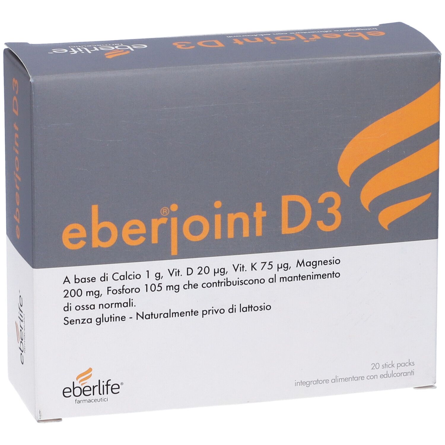 Scatola "eberjoint D3". Testo: A base di Calcio 1 g, Vit. D 20 µg, Vit. K 75 µg, Magnesio 200 mg, Fosforo 105 mg. Contiene 20 stick.